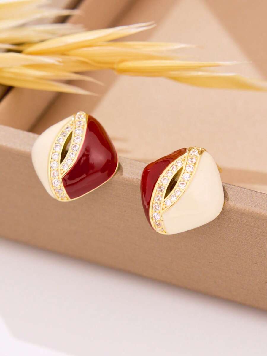 一对简约红色珐琅锆石耳环 - 时尚百搭，适合女性日常佩戴及派对场合 - 紅+白 - 查看 1
