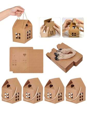10个装纯色小房子牛皮纸盒 - 卡其色房子造型礼品盒，3x3x5英寸牛皮纸糖果盒，纸板零食盒，适用于婚礼、婴儿派对、生日派对、迎婴派对、性别揭晓派对装饰、新年派对装饰