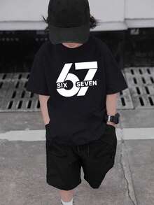 Camiseta de cuello redondo de manga corta con estampado informal para niños preadolescentes, top de verano - Negro - Ver 6