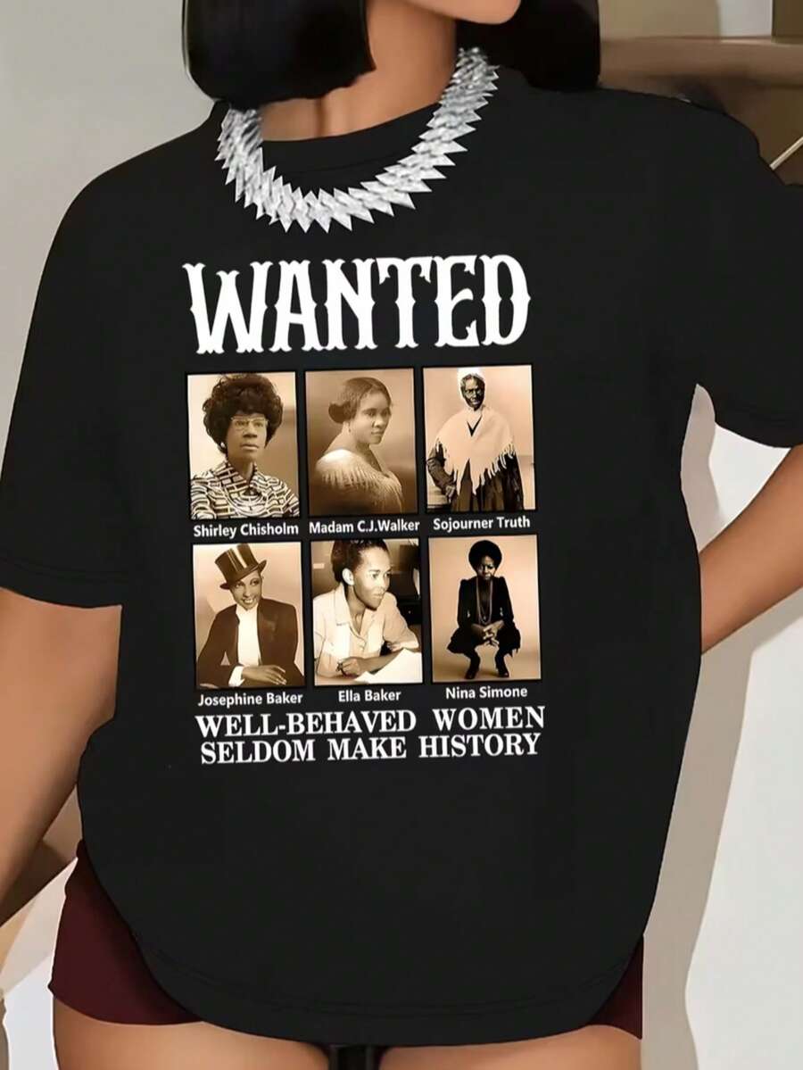 Empowering Women's History Portrait & Letter Print T-Shirt - Soft Polyester, Crew Neck, Short Sleeve, Relaxed Fit - Machine Washable Casual Top For Spring & Summer, Inspiring Historical Messages - 黑色 - 查看 1