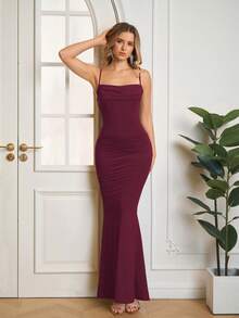 PARTHEA Women's Elegant Ruched Solid Color Mermaid Hem Bodycon Formal Dress - Burgundy - View 8