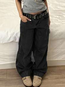 女士复古宽松直筒牛仔裤 - 黑色 - 查看 3