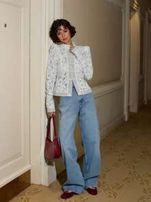 Women's Elegant White Floral Lace Semi-Sheer Blouse With Stand Collar And Puff Sleeves, Regular Fit, Button Details, Woven Fabric, Non-Stretch Top - White - View 6