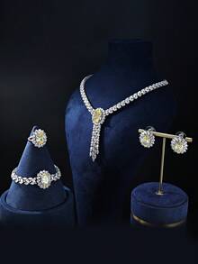 4pcs Platinum Plated Cubic Zirconia Fashion Statement Necklace, Earrings, Bracelet, Ring Set, Luxurious Sparkling Jewelry Set For Women - 4-piece Set Of Tassel and Main Stone Pendant - View 3