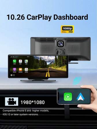 XUDA 全新 10.26 英寸 4K 行车记录仪，支持无线 CarPlay 和 Android Auto，便携式行车记录仪，IPS 触摸屏，蓝牙音频，双镜头录像机