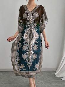 中东阿拉伯风格宽松V领透气高品质休闲可调节腰身显瘦度假短袖连衣裙，大码阿巴雅长袍，传统阿拉伯服饰，节日派对晚礼服，秋冬春季 - 亮橙色 - 查看 7