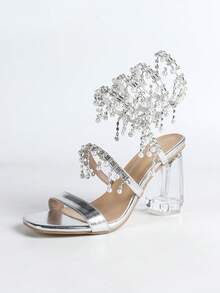 Women's Chunky Crystal Heel Sandals, Square Toe Fashion Open Toe Snake Wrap Rhinestone Strap, Simple Elegant Basic Party Wear, Summer/Autumn - Silver - View 14