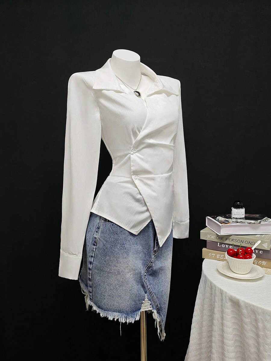 快乐女孩休闲雪纺裹身系领长袖衬衫，时尚百搭，适合度假、办公、日常穿着、旅行、机场等场合，修身剪裁 - 白色 - 查看 1