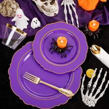 175-Piece Purple Plastic Tableware Set-Includes 50 Plates, 25 Packs Of Pre-Rolled Napkins (With Cutlery), And 25 Wedding-Themed Cups. Purple-Gold Two-Tone Disposable Tableware. Baroque-Style Plastic Tableware Set (Serves 25). - 紫色 - 查看 2