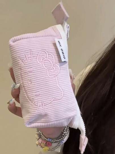  1 pieza Bolsa de cosméticos de pana de Hello Kitty de Sanrio, estuche de maquillaje de gran capacidad con estampado aleatorio, adecuado para vacaciones, playa, baño, dormitorio, bolso, gran regalo para niñas, Día de San Valentín, fiesta