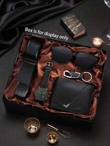 5件套男士商务石英指针单日历PU表带手表，黑色高端腕表套装，适合男士学生和成人 - 黑色 - 查看 2