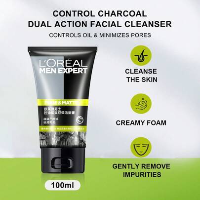 L'Oreal 欧莱雅男士专业炭净肤二合一洁面乳，100毫升 - 3.38液盎司