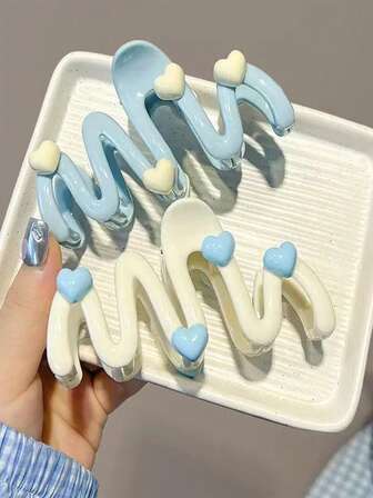 1pc Cream Blue Heart-Shaped Wave Hair Clip For Women, With A Back Of The Head Hair Clip And A High-End Hair Claw, Cute Hairpin Headband Women Hair Accessories Causal Hair Clutch