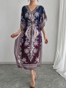 Solessence Mittlerer Osten/Arabischer Stil luftiger V-Ausschnitt atmungsaktives hochwertiges lässiges Umwandlungs-Taille schlankemachendes Urlaubs-Kurzarm-Kleid, Abaya in Große Größen - Violett - Übersicht 3