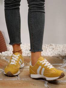 Chaussures de mode multifonctionnelles pour femmes, chaussures de sport décontractées à lacets, bout rond, semelle en caoutchouc antidérapante, coloris jaune et beige, s'assortissant à une tenue décontractée, tailles 36-43 - Jaune citron - Voir 4
