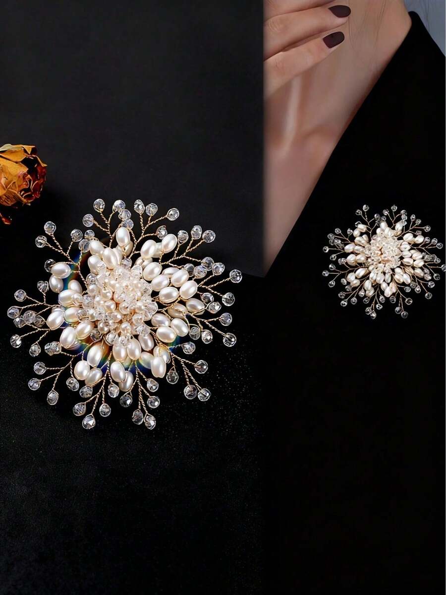 1枚时尚复古风手工仿珍珠胸针，高端花卉翻领别针，女士适用，婚礼、节日、情人节的理想礼物 - 白色 - 查看 1