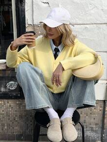 Knit Mix Áo khoác cardigan dệt kim màu trơn thanh lịch dành cho nữ, thích hợp cho Giáng sinh, Lễ Tạ ơn, Năm mới, áo len dệt kim dáng rộng kiểu Pháp màu trơn độc đáo, áo len dệt kim thường ngày đa năng cho mùa thu/đông. - Màu vàng - Xem 5