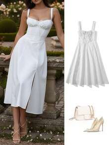 Fashionable Casual Women's Spaghetti Strap Dress, Slim Fit Shoulder-Baring Split Front Long Bodycon Dress - White - View 1