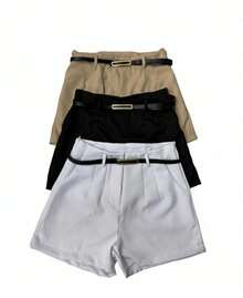 Set Of 3 Women's Plus Size Tailored Shorts, High Waist With Belt - negro/beige/blanco - Ver 2