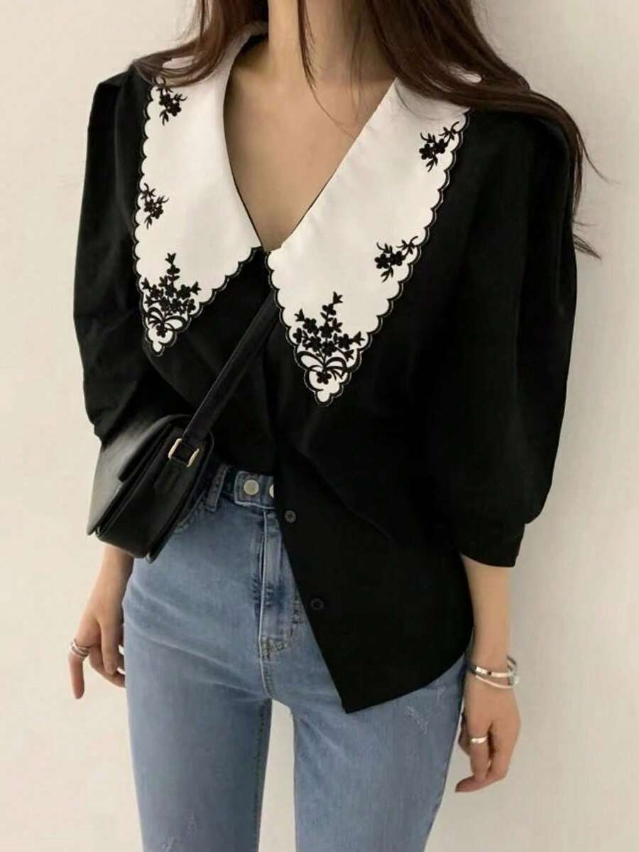 Women's Floral Embroidery Pointed Collar Loose Single-Breasted Casual Shirt Spring