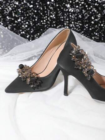 1 Pair Detachable Black Crystal Shoe Clips, Elegant Design Suitable For High Heels