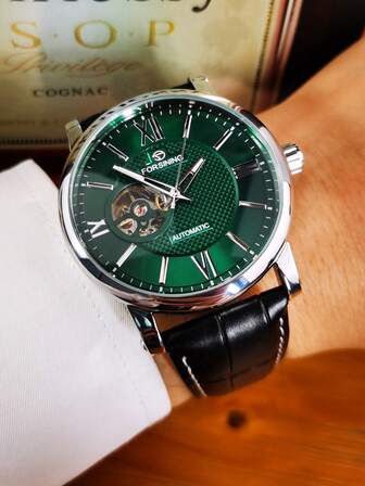 FORSINING 1 pieza Reloj automático mecánico de negocios de moda para hombres con manecillas luminosas, correa de cuero, esqueleto clásico, regalo con caja