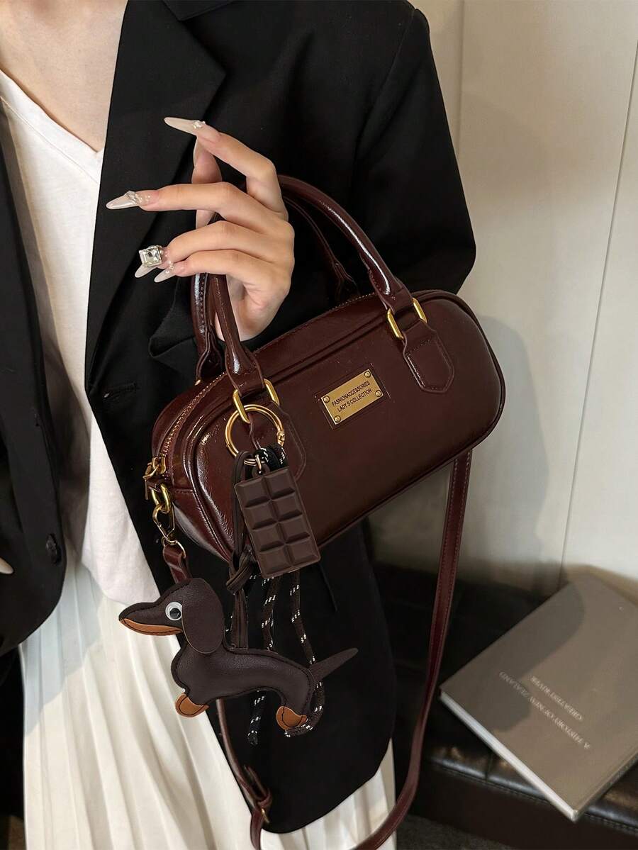 1pc Plush Doll Decor Crossbody Tote Bag, Large Capacity Soft Leather Boston Handbag For Moms, Suitable For Commuting All Year Round - Burgundy - View 1