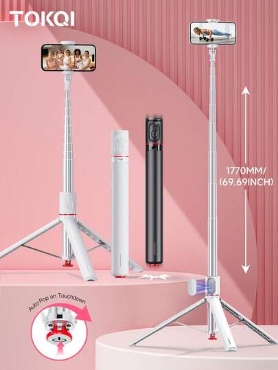 TOKQI 1770mm Super Long Selfie Stick Tripod,One-Touch Push Button Switch All-Aluminum Extended Ground Stand ,Rotation Phone Holder With Bluetooth Wireless Remote Control Compatible With Outdoor Camping,Traveling, Vlogging,Family Party,Holiday Recording,Live Streaming