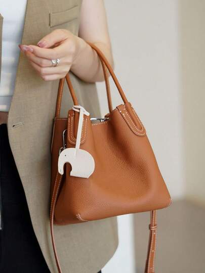 Chic Minimalist Versatility: Full-Grain Leather Women's Shoulder & Crossbody Bag – Classic Two-Tone Convertible Basket Tote