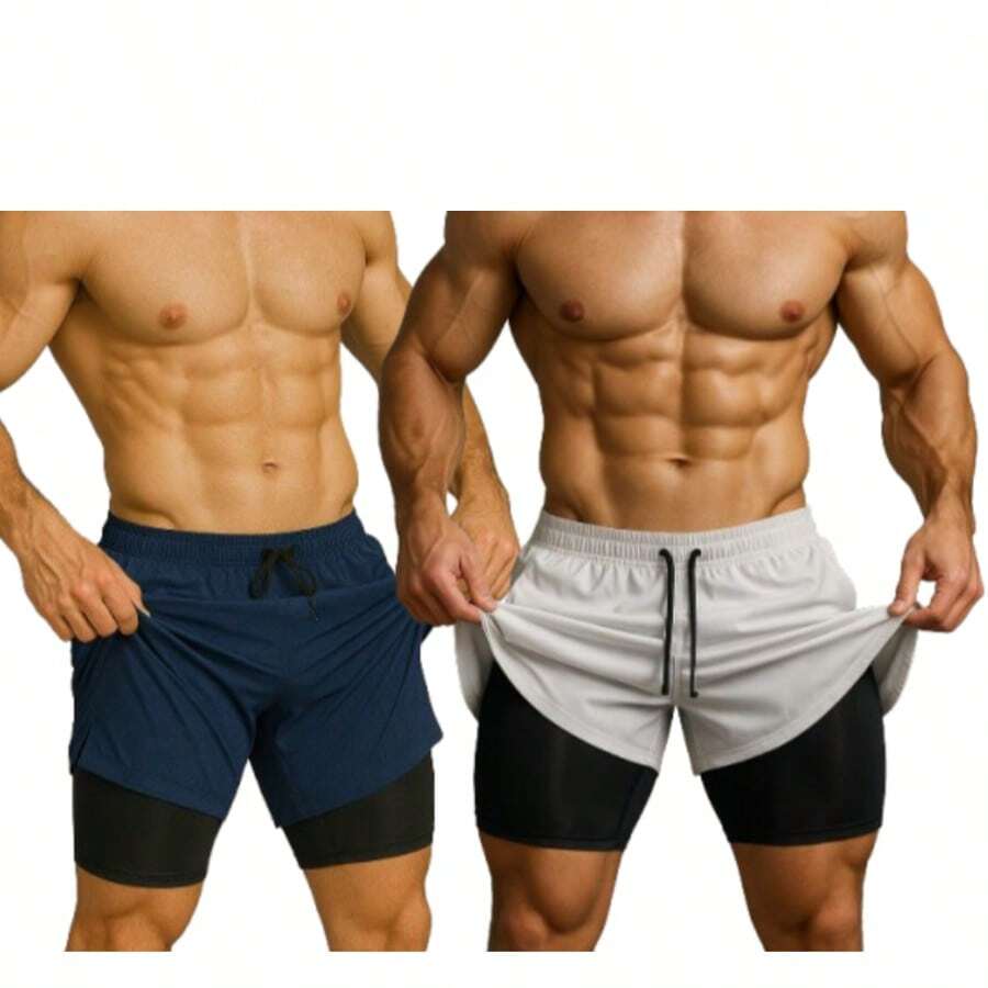 Kit Of 2 Men's 2-In-1 UV Sports Shorts, DryFit, For Gym, Training, Running, Cycling - KIT 2 BLUE aND WHITE - View 1