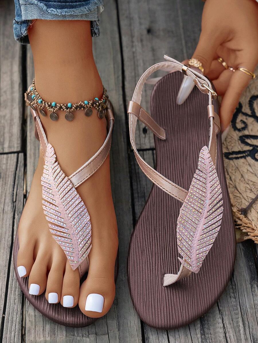 Dép xỏ ngón nữ đính đá hình lá, đế bằng, thời trang, thanh lịch, thoải mái, đa năng, thích hợp đi bộ, ở nhà.