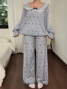 Contrast Color Lace Trim Patchwork Bow Print Women Long Sleeve Pajama Set - Grey - View 7