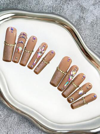 45MM Extra Long Square Nails French Style Handmade Press-On Nails With Multi-Colored Glitter, AB Iridescent Shapes, Champagne Gold Round Flatback Rhinestones & Hand-Painted Creative 3D Art Designs - Full Cover Artificial DIY Glitter False Nails For Daily Wear, Parties, Weddings, Holiday Celebrations & Special Occasions - 10 Pieces/Bag