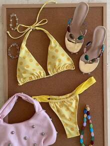 女士浅黄色带橙色波点三角比基尼，性感吊带度假风两件式泳衣套装，适合海滩穿着，2026春夏系列，完美适用于夏季度假、海滩之旅、生日装扮、健身服、优雅日常造型和度假装扮。 - 彩色 - 查看 1