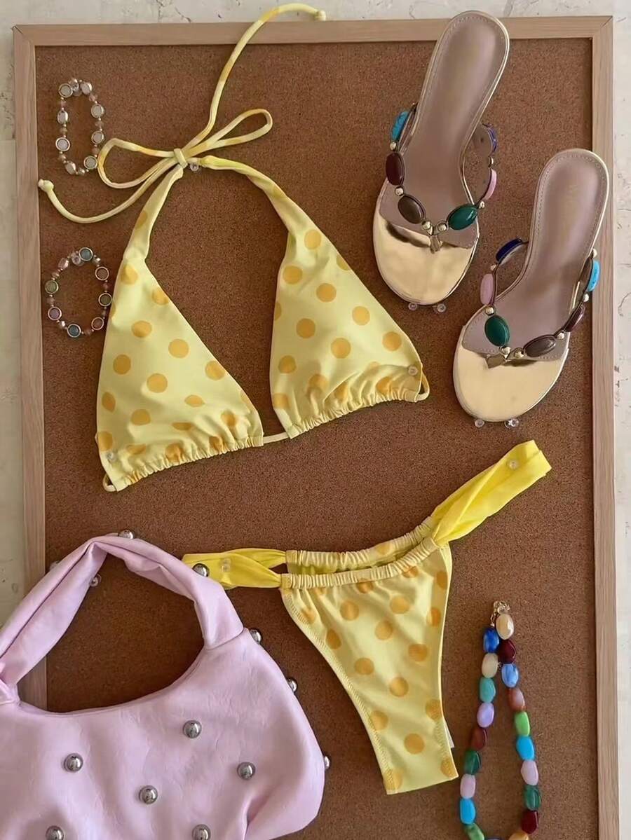 女士浅黄色带橙色波点三角比基尼，性感吊带度假风两件式泳衣套装，适合海滩穿着，2026春夏系列，完美适用于夏季度假、海滩之旅、生日装扮、健身服、优雅日常造型和度假装扮。 - 彩色 - 查看 1