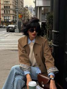 女士时尚休闲撞色格纹袖口外套，适合情人节、狂欢节等场合 - 鏽棕色 - 查看 7