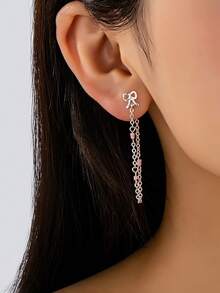 时尚蝴蝶结流苏耳环，甜美简约设计，百搭少女风耳环 - 銀色 - 查看 5