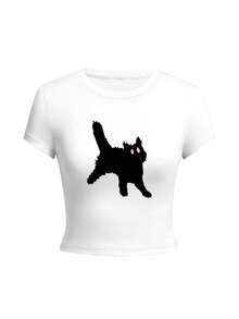Round Neck Short Sleeve T-Shirt, American Style, New Summer Cat Print, Fitted Cropped Women's Top - White - View 3