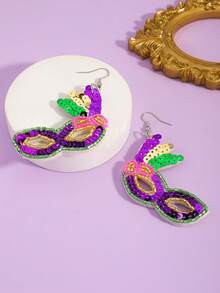 2件/4件装嘉年华亮片耳环，紫色、绿色和金色亮片高跟鞋，羽毛字母靴，面具耳环，适合嘉年华庆祝活动（手工制作，略有差异） - 彩色 - 查看 3