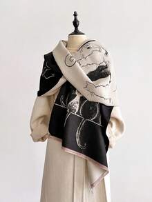 1pc Faux Cashmere Minimalist Cute Cartoon Cat Pattern Jacquard Warm Scarf/Wrap For Women, Fashion Versatile Air Conditioning Shawl Blanket, Suitable For Autumn/Winter - Multicolor - View 9