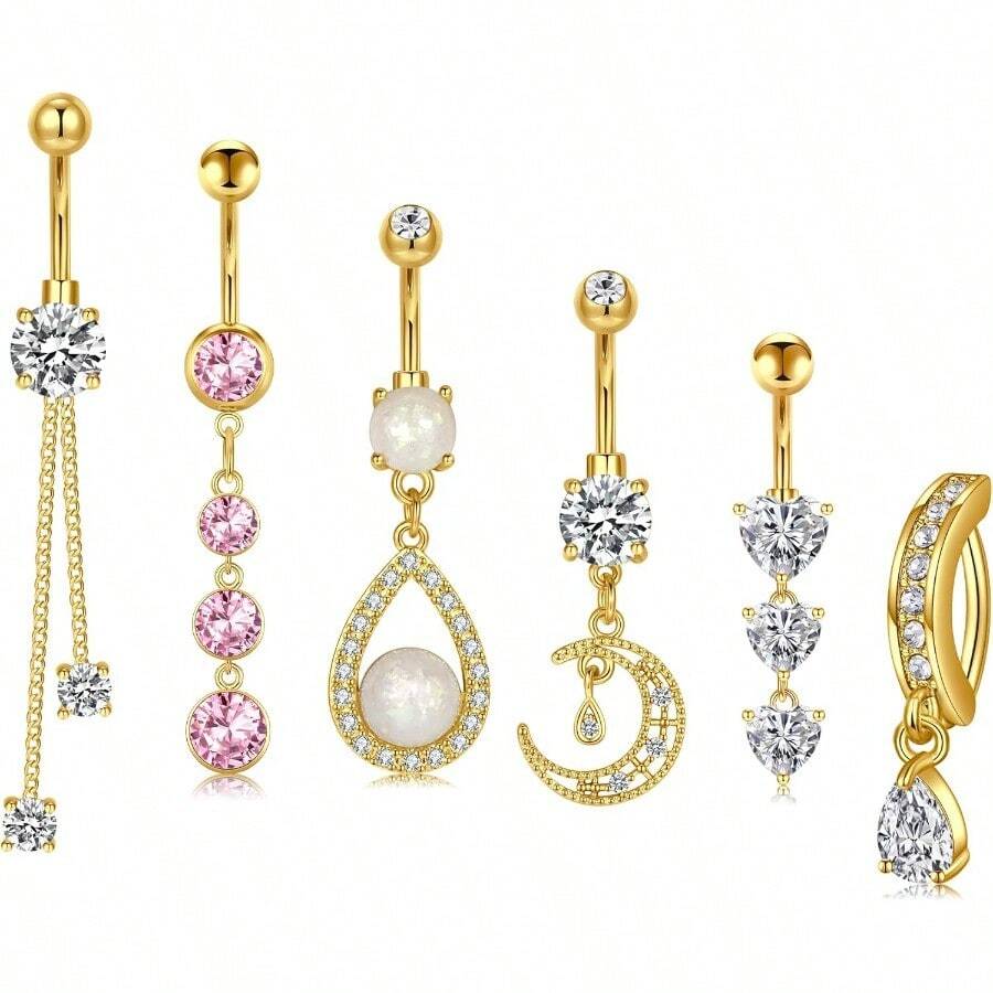 Belly Button Rings Surgical Steel 14G Opal CZ Navel Piercings Belly Rings Body Jewelry For Women Girls 3 8" 10mm Silver Rose Gold - C46吊墜金 - 查看 1