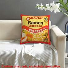 1pc Convenient Ramen & Chicken Soup Decorative Pillow Cover, Novelty Food Themed Pillow Case, Soft Peach Skin Fabric, For Home, Outdoor, Bedroom, Living Room Sofa Decor, 17.7*17.7 Inch (Without Pillow Insert) - 亮橙色 - 查看 8