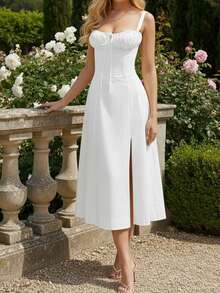 Fashionable Casual Women's Spaghetti Strap Dress, Slim Fit Shoulder-Baring Split Front Long Bodycon Dress - White - View 4