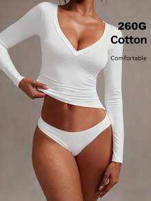 XLLAIS 女士V领纯棉T恤，弹力面料，灰色，柔软舒适，休闲长袖上衣