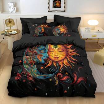 3pcs Set (1 Zipper Duvet Cover + 2 Pillowcases, No Filler), Sun & Moon Creative Colorful Element Digital Printing Bedding Set. Digital Printing, 100% Polyester, Soft, Warm, Skin-Friendly, Breathable, Suitable For All Seasons. Multiple Sizes And Plus Sizes Available To Meet Different Needs, Suitable For All People And All Rooms.