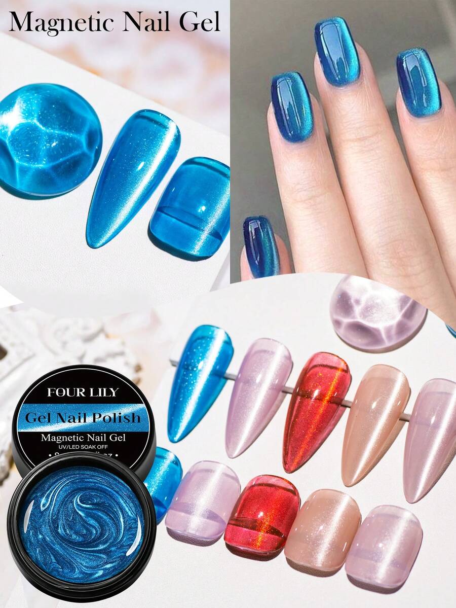 FOUR LILY 5pcs Magnetic Cat Eye UV/LED Gel Nail Polish Set, Shiny Glass Bead Effect, Long-Lasting Salon-Quality Manicure Experience At Home - Multicolor - View 1