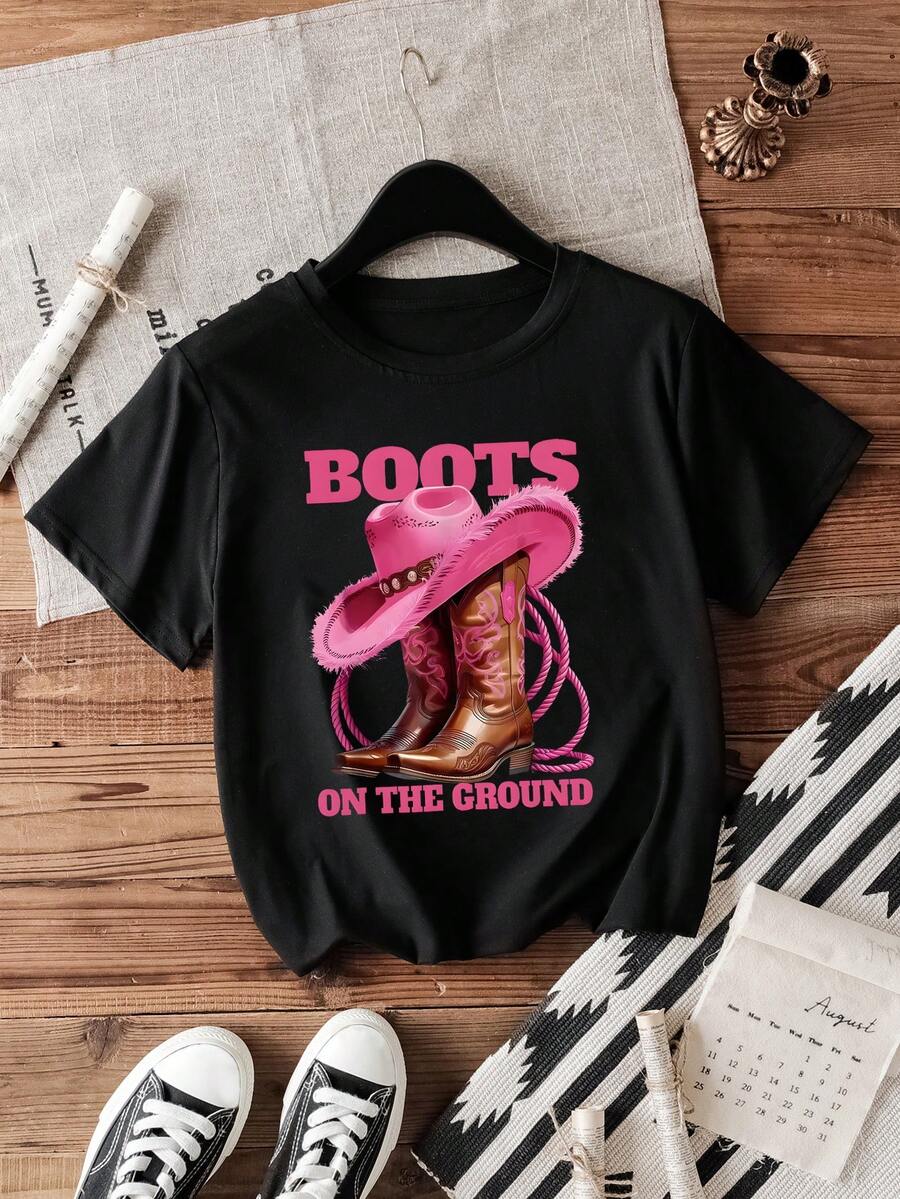 可爱靴子，西部牛仔风格，女式大码休闲短袖 T 恤，夏季 - 黑色 - 查看 1