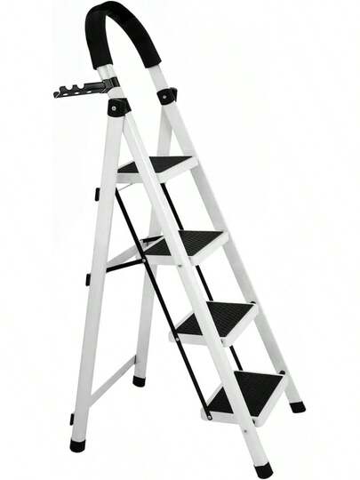 Raganet, Escalera de Tijera de 4 Peldaños, Escalera Tubular, Escalera Plegable Hecha de Acero Inoxidable, Escalones y Patas Antideslizantes, Altura Maxima 136cm Color Blanco/Negro (4 Peldaños) : Herramientas y Mejoras del Hogar