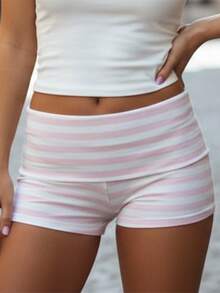 Women's Striped Pajamas Shorts Fashionable Casual Cozy Fold Over Elastic Waist Sleeping Shorts - 粉色 - 查看 6