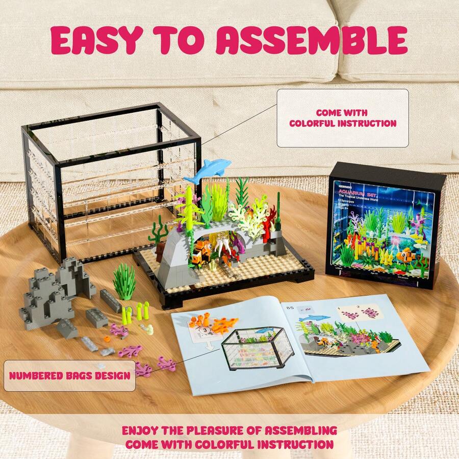 533 Pcs Creative Fish Tank Building Set, Aquarium Includes Treasure Box, Dolphins, Jellyfish, And Starfish Etc, ABS Material, Home Decor Themed, Ideal For Office, Living Room, Christmas, New Year, Birthday Gifts - 彩色 - 查看 1